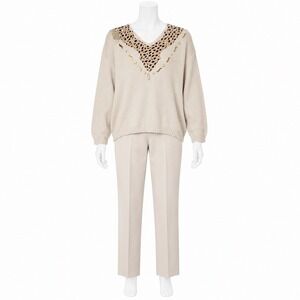 Marshall Rousso Sweater Pant Set Women OS Beige Leopard Embellished Bead Vintage
